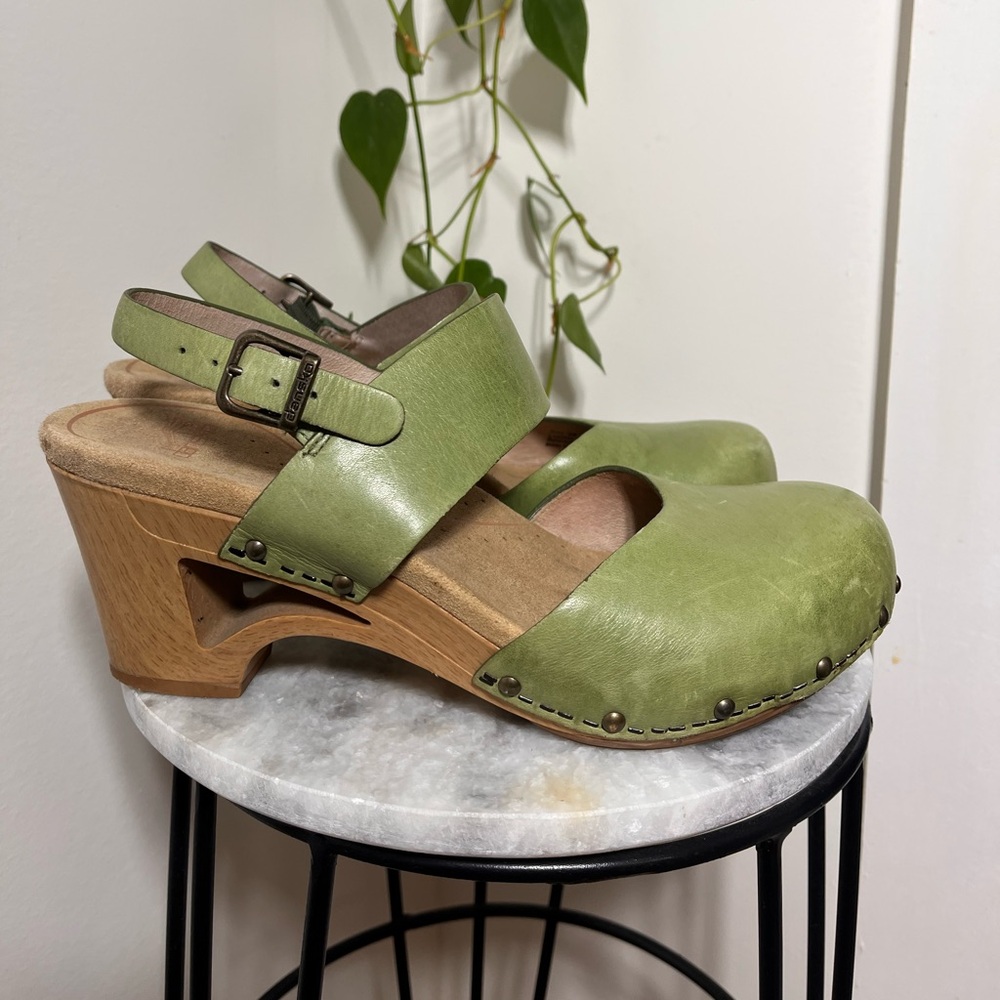 Dansko Green Leather Clog Mules with Wood Heel - Picture 2 of 9
